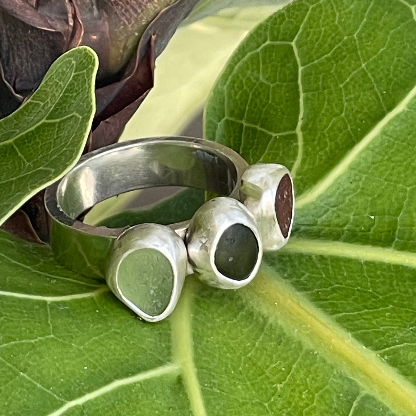 Three Piece Earthy Sea Glass Ring - size 6.75