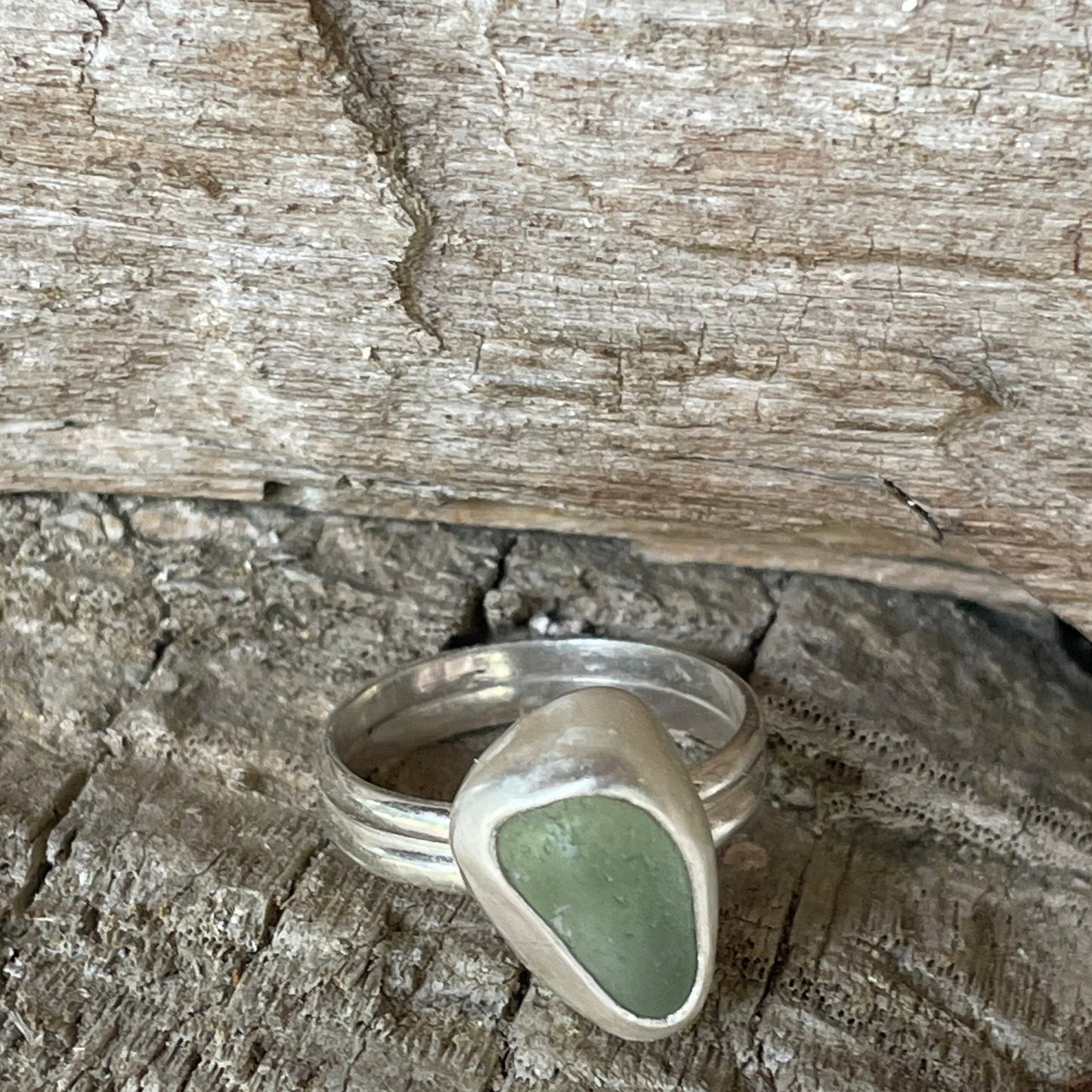 Sea Foam Green Double Banded Sea Glass Ring - Size 7