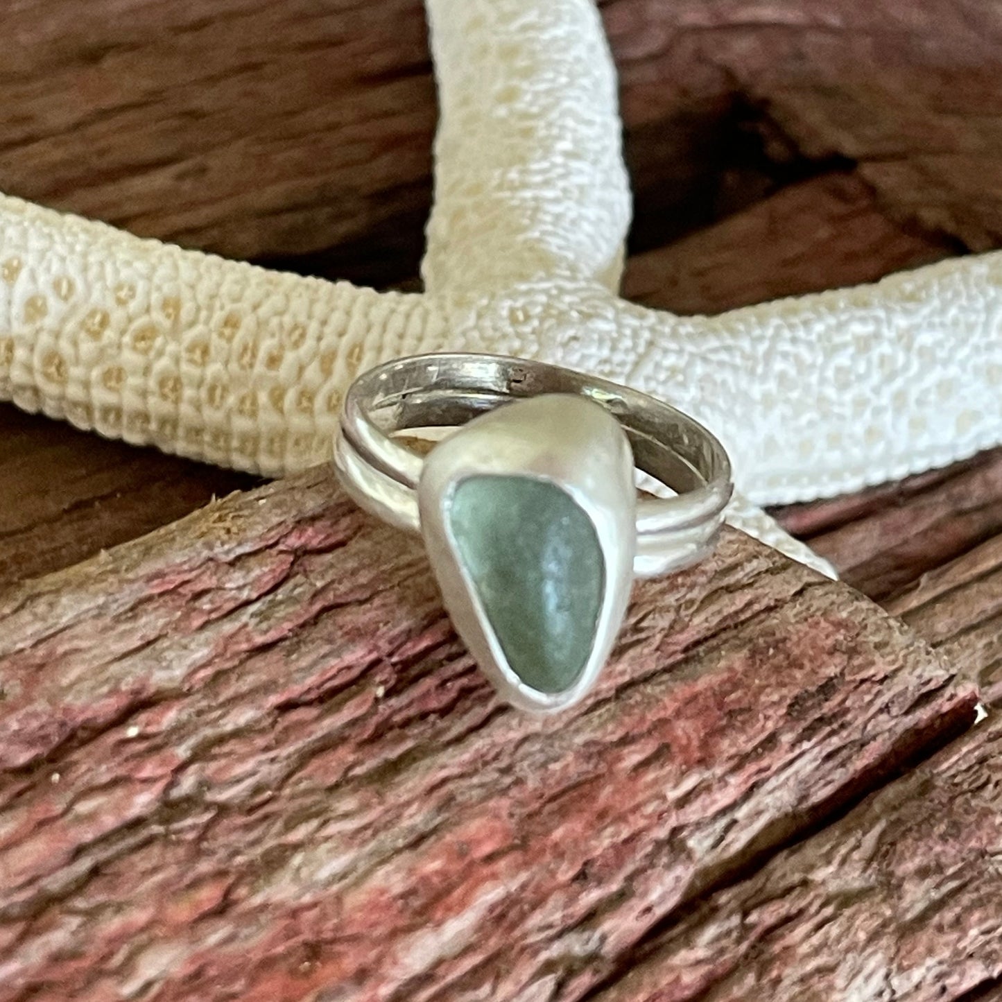 Sea Foam Green Double Banded Sea Glass Ring - Size 7