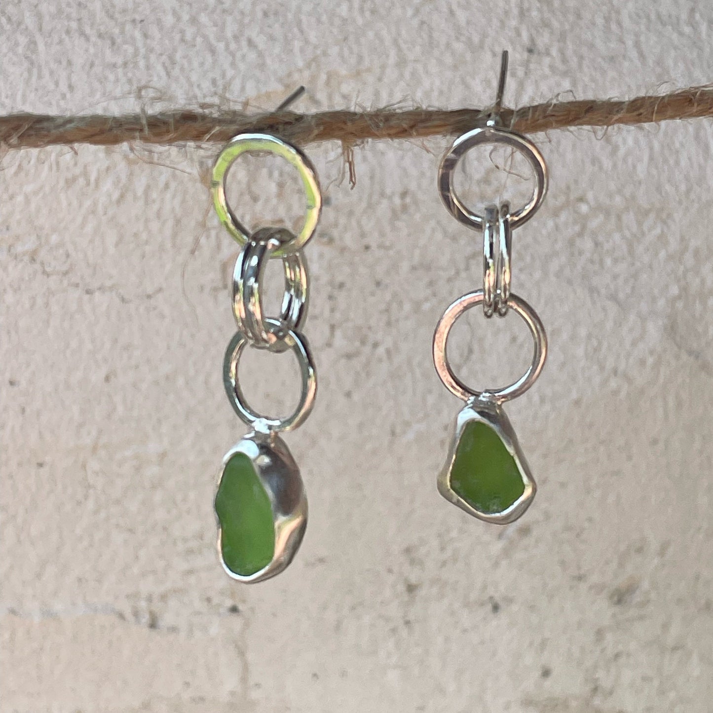 Lime Green Sea Glass Dangle Chain Earrings