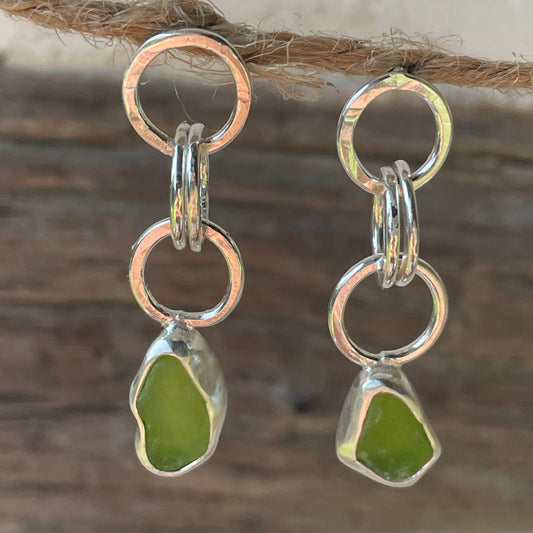 Lime Green Sea Glass Dangle Chain Earrings