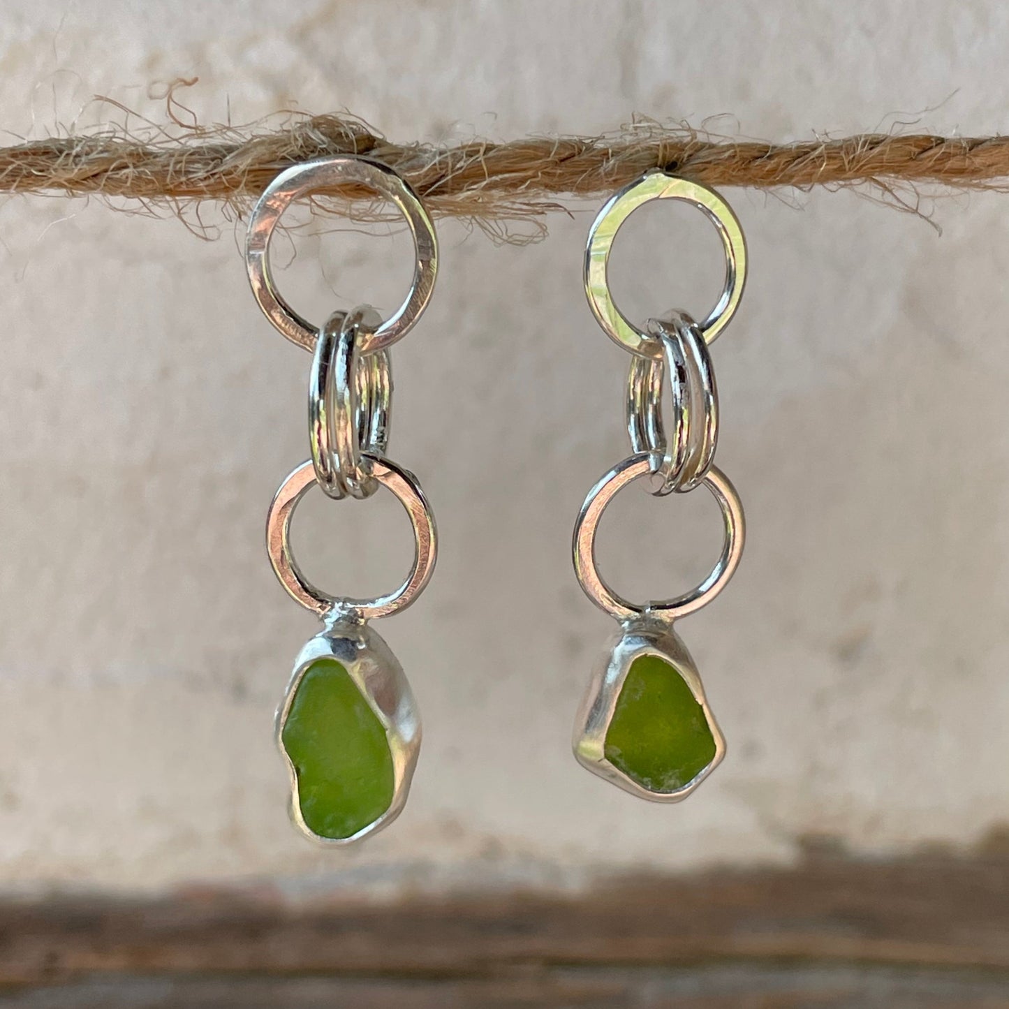 Lime Green Sea Glass Dangle Chain Earrings