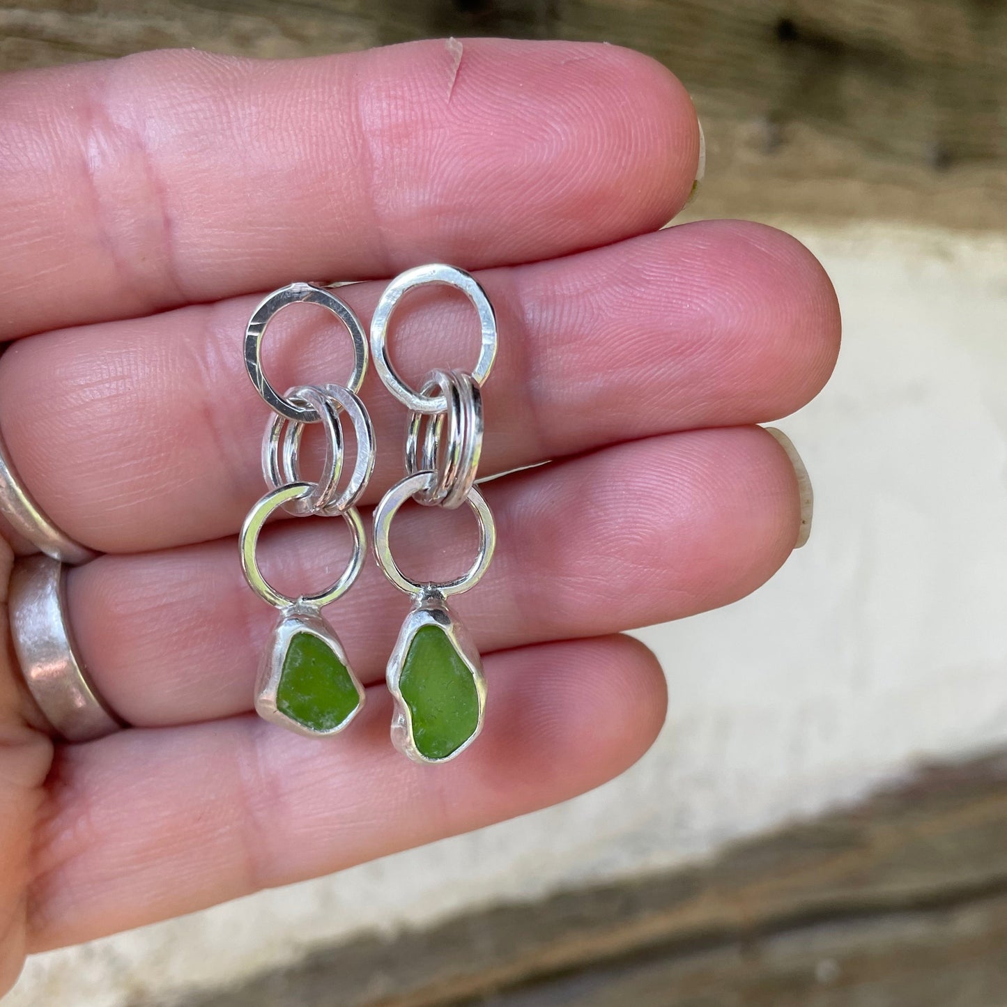 Lime Green Sea Glass Dangle Chain Earrings