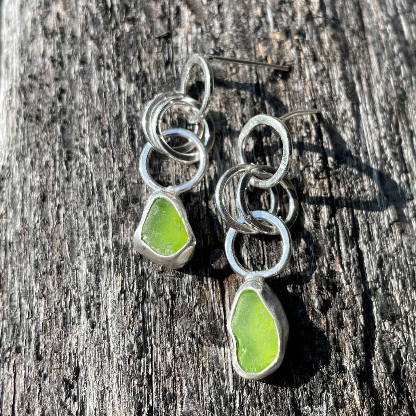 Lime Green Sea Glass Dangle Chain Earrings