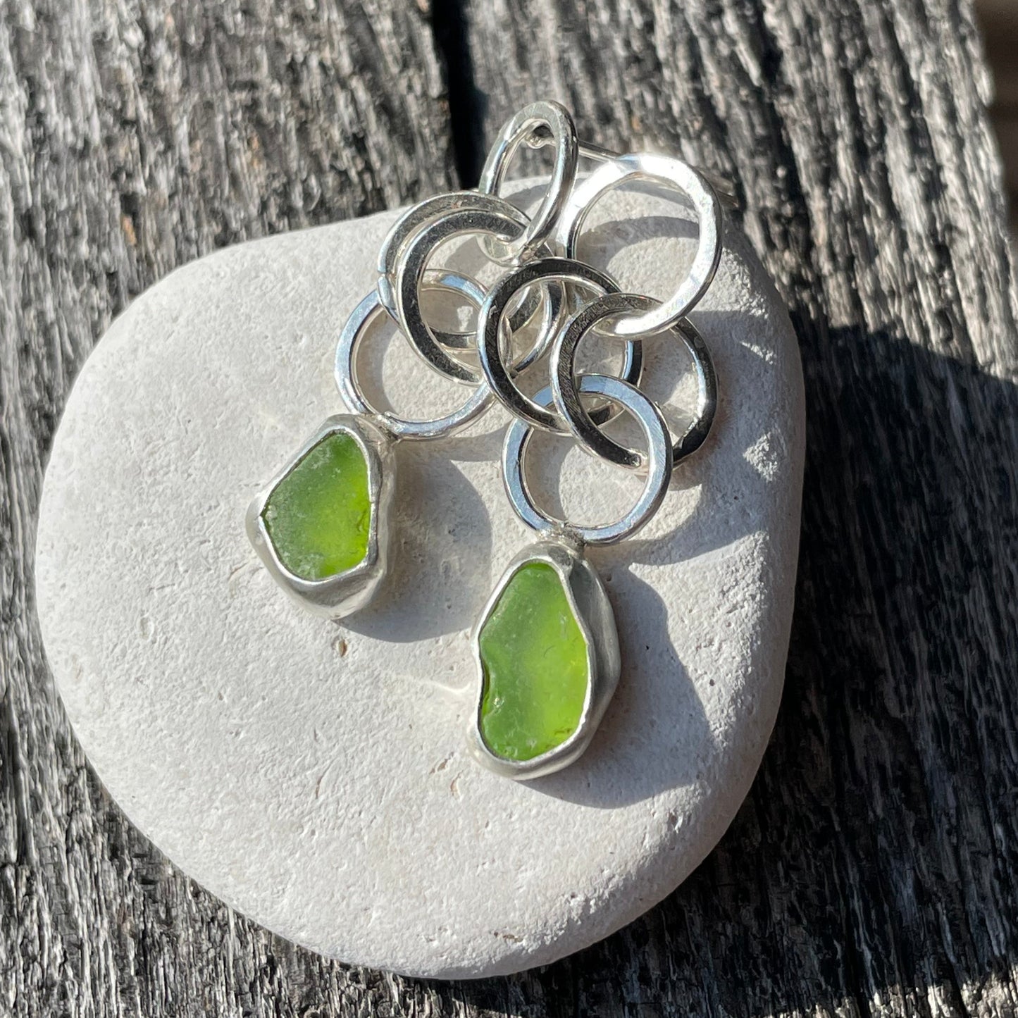 Lime Green Sea Glass Dangle Chain Earrings