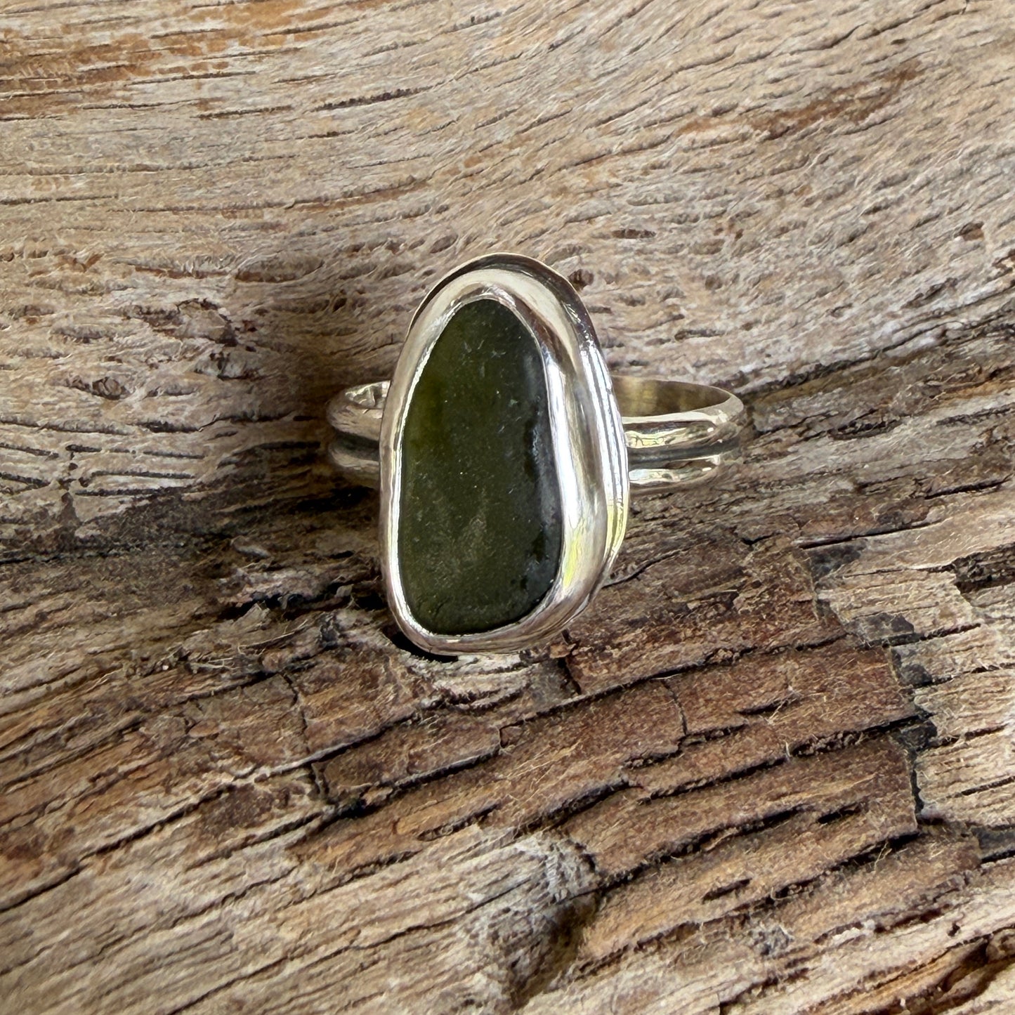 Olive Green Sea Glass Double Band Ring - Size 8.75
