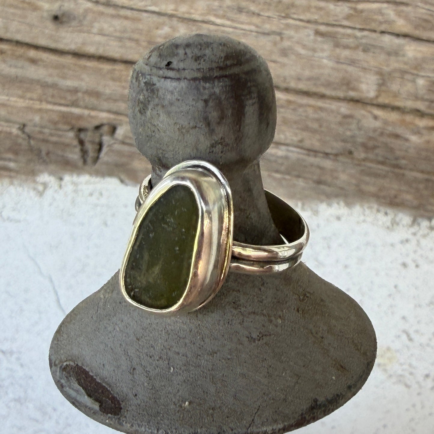 Olive Green Sea Glass Double Band Ring - Size 8.75