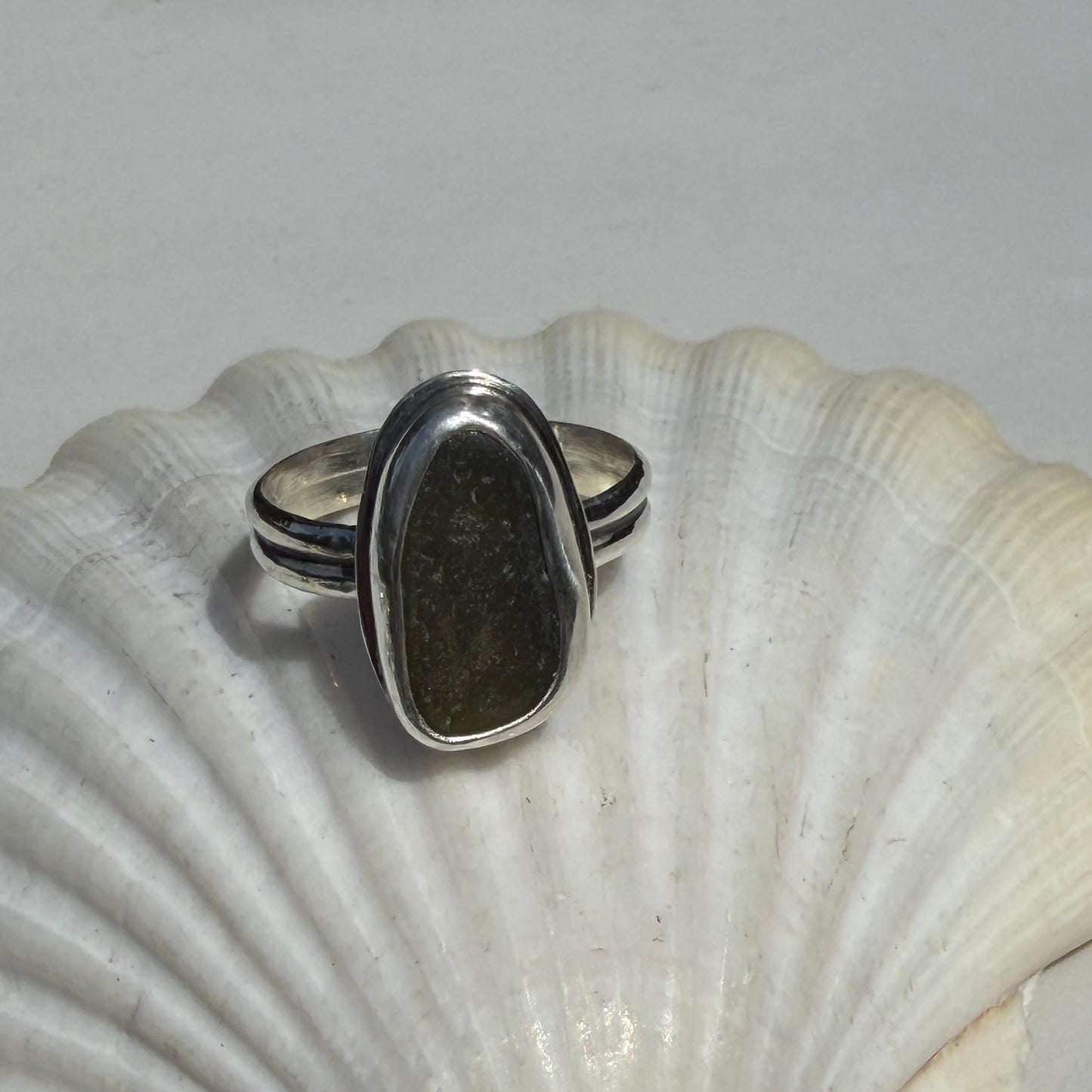 Olive Green Sea Glass Double Band Ring - Size 8.75