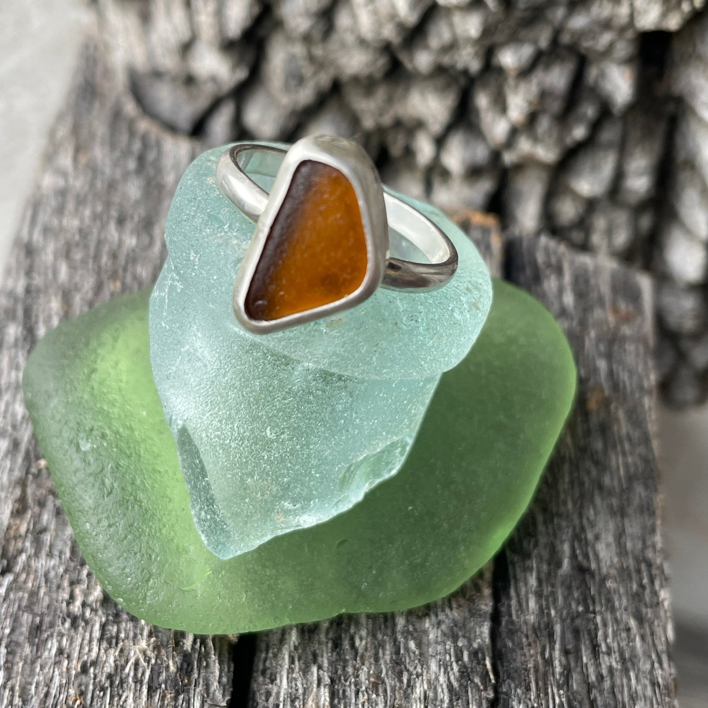 Amber Sea Glass Ring - size 8.75