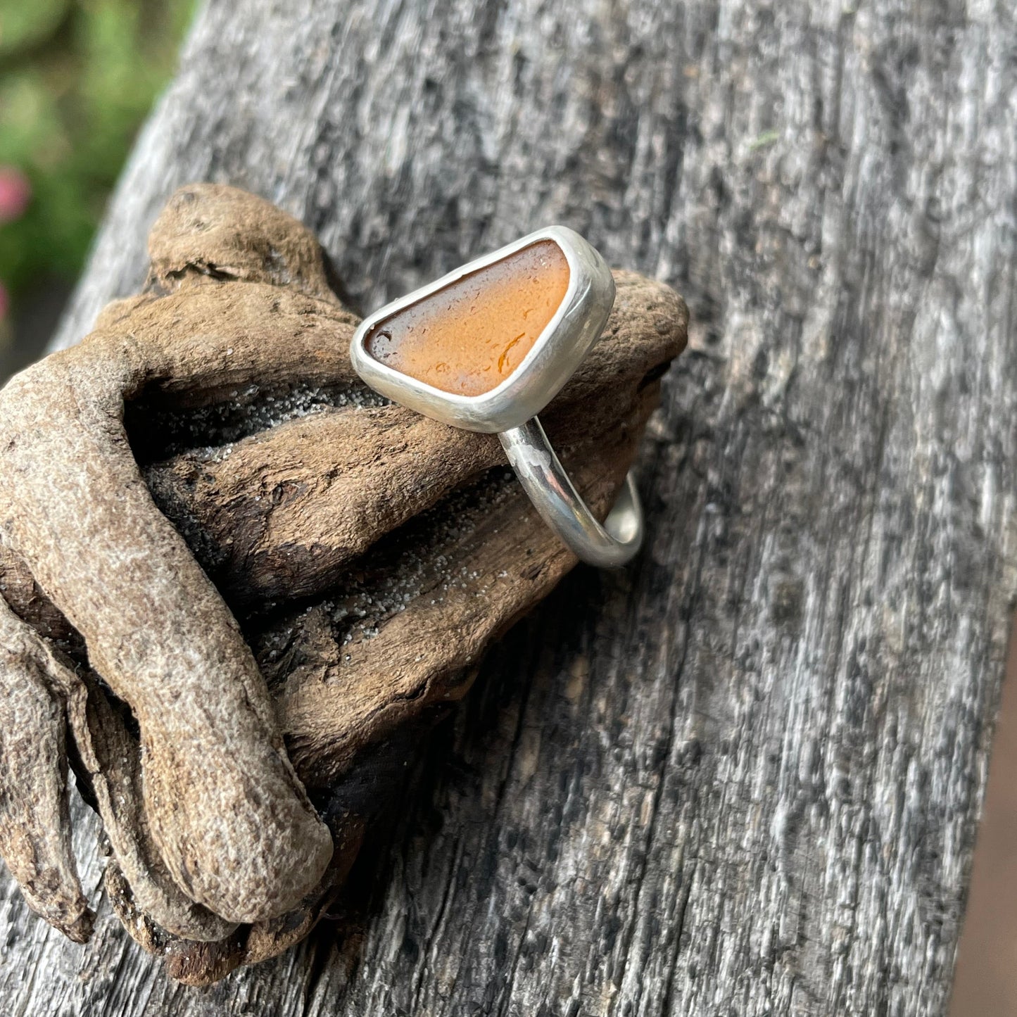 Amber Sea Glass Ring - size 8.75