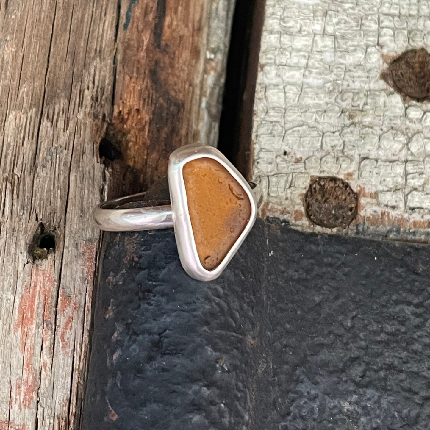 Amber Sea Glass Ring - size 8.75