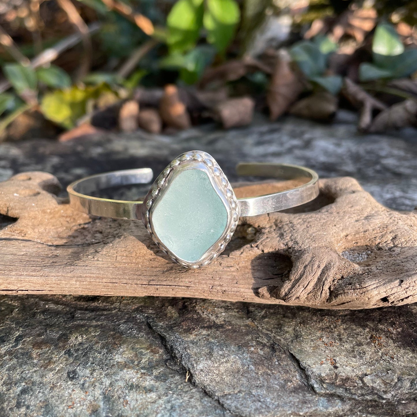 Sea Foam Blue Sea Glass Cuff Bracelet