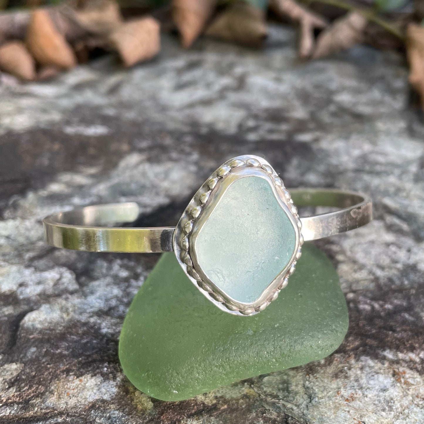 Sea Foam Blue Sea Glass Cuff Bracelet