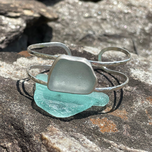 Pale Ice Blue Sea Glass Double Cuff Bracelet