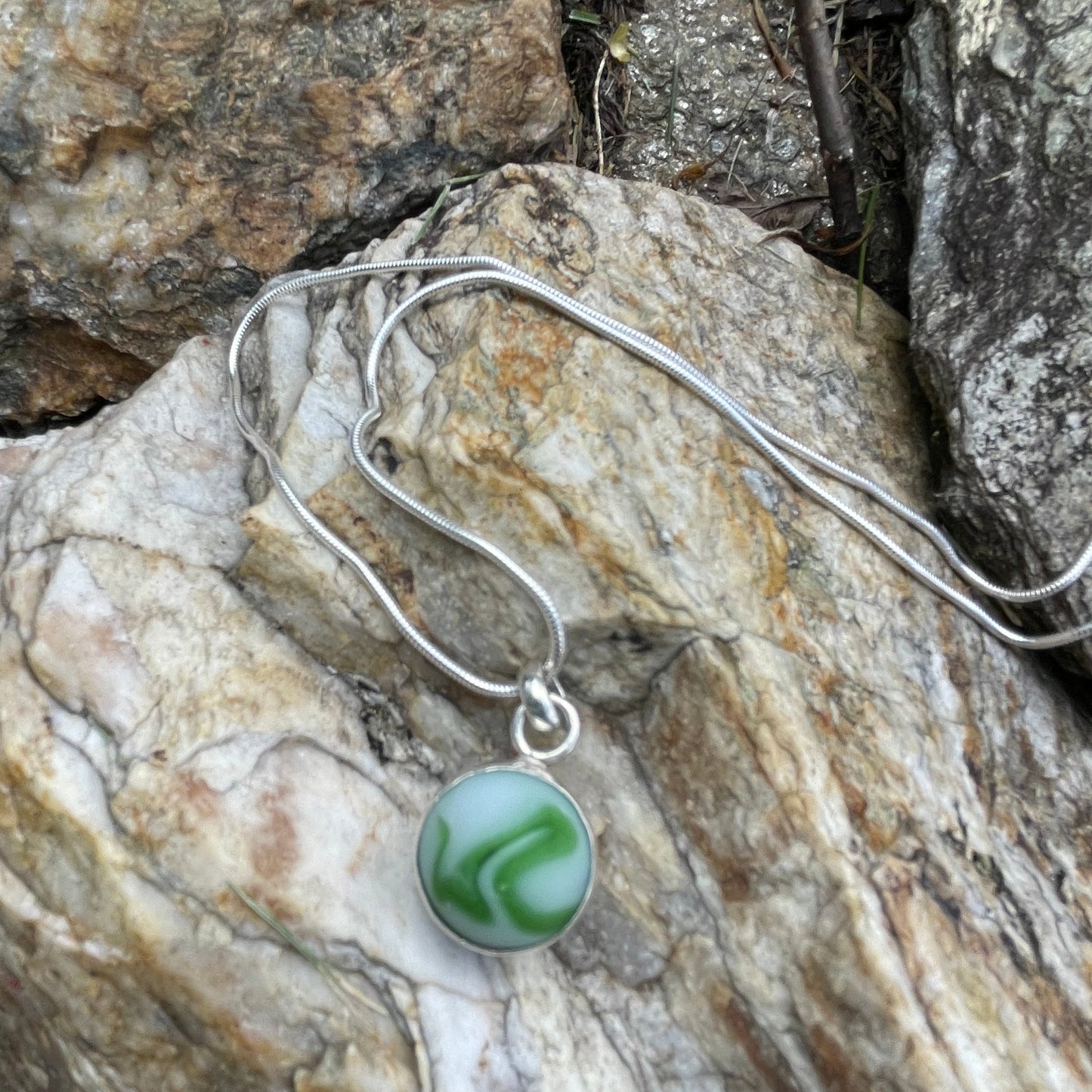 Swirling Green and White Sea Glass Marble Pendant