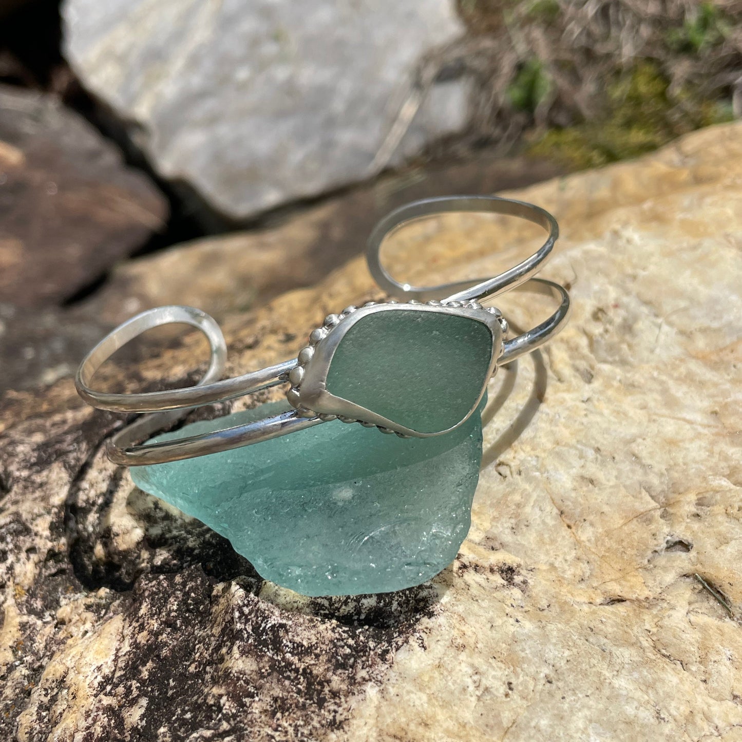Sea Foam Green Sea Glass Double Cuff Bracelet