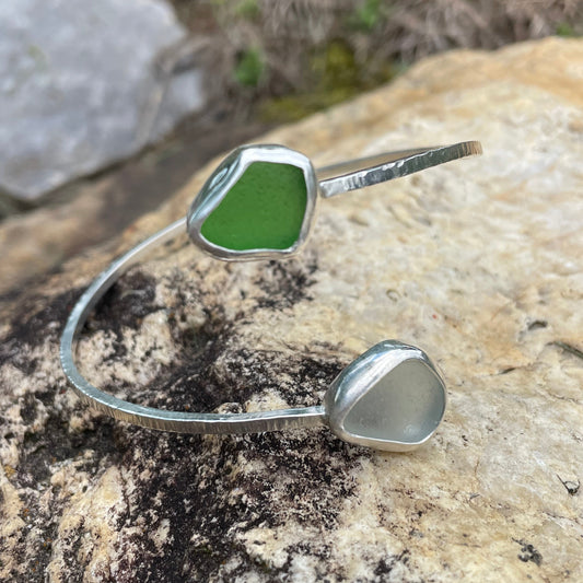 Kelly Green and White Sea Glass Arm Cuff- 9.5