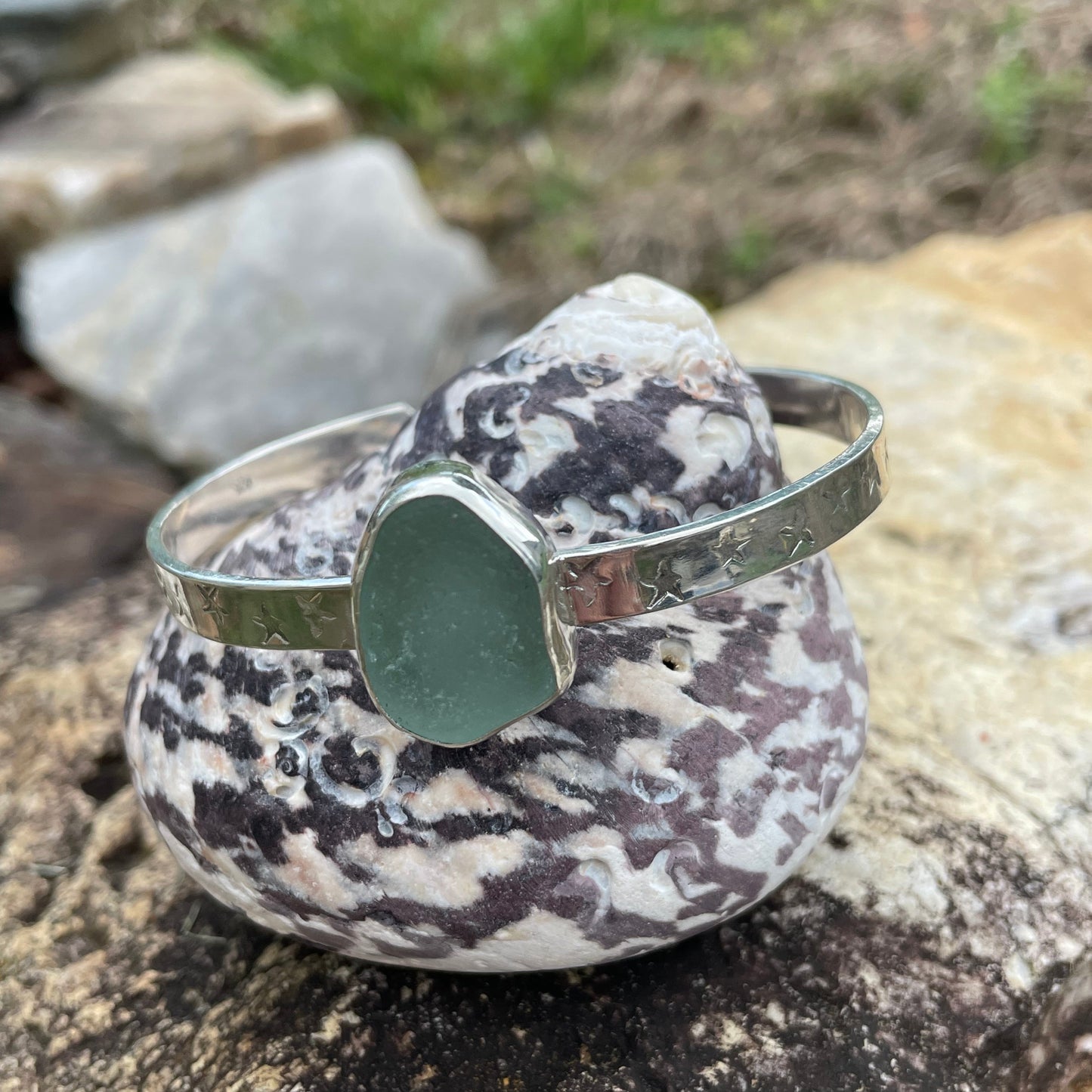 Star Sea Foam Green Sea Glass Cuff Bracelet