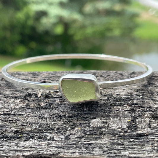 Pale Olive Green Sea Glass Dangle Bangle - Size Medium