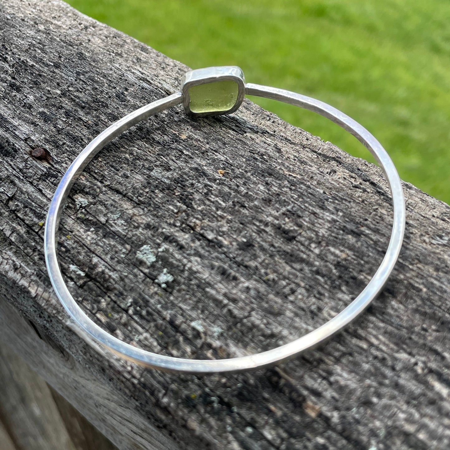 Pale Olive Green Sea Glass Dangle Bangle - Size Medium