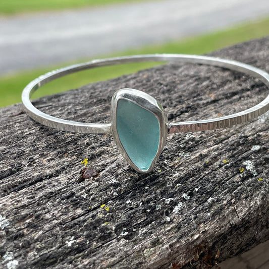 Steel Blue Sea Glass Dangle Bangle - Size Medium