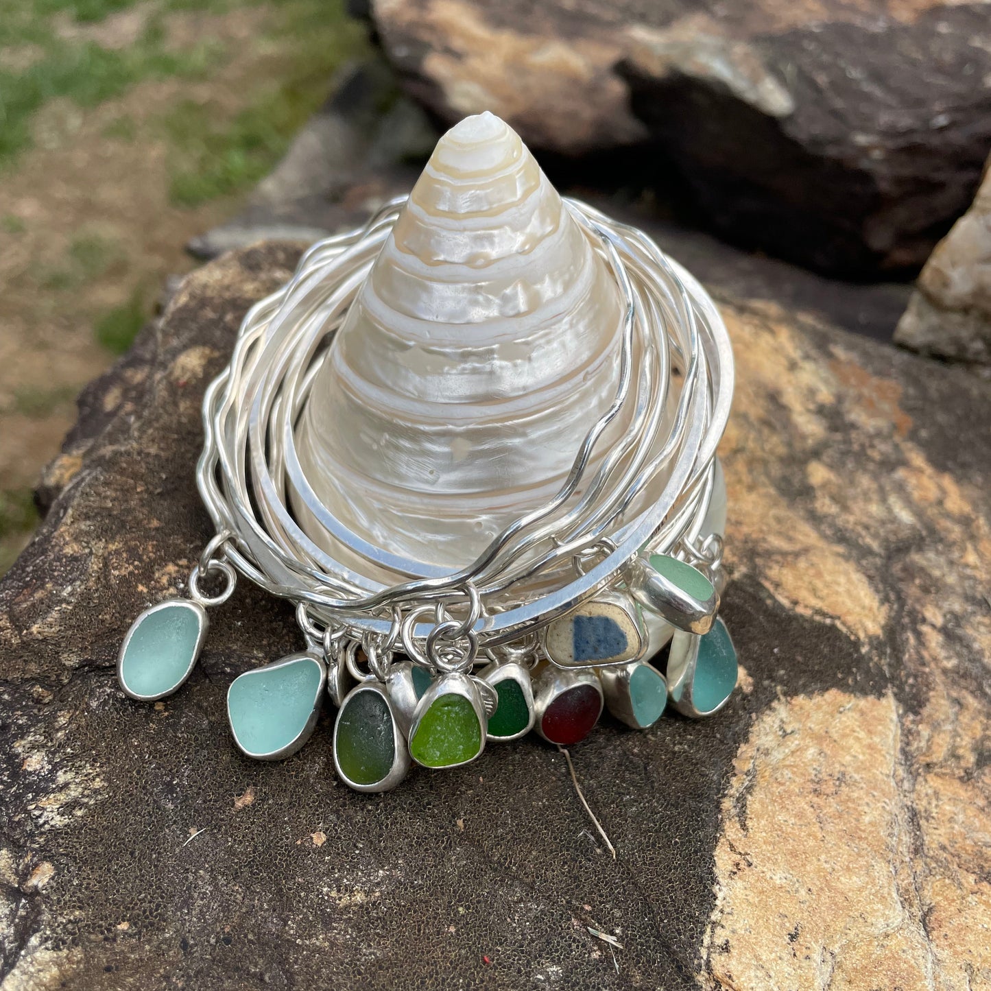 Dark Forest Green Sea Glass Dangle Bangle - Size Small