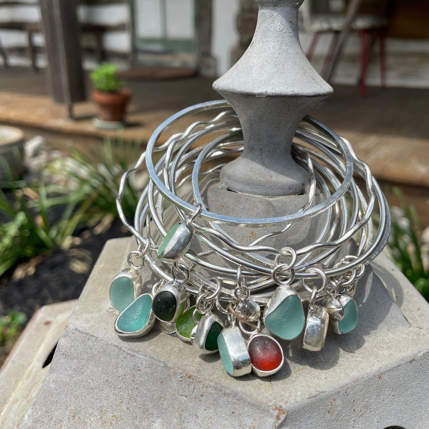 Dark Forest Green Sea Glass Dangle Bangle - Size Small