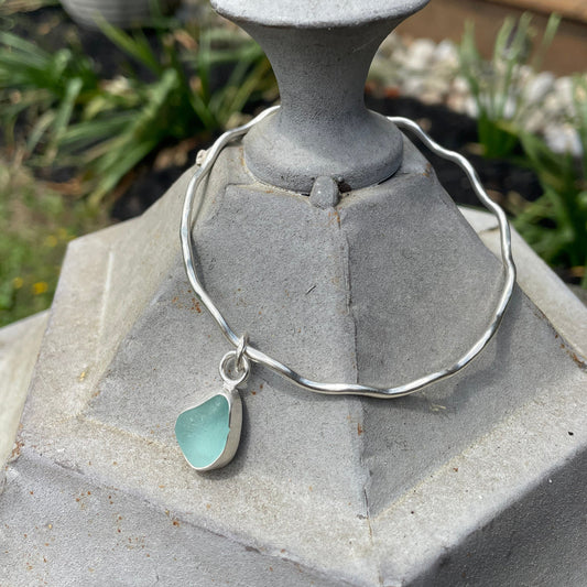 Light Teal Blue Sea Glass Dangle Bangle - Size Small
