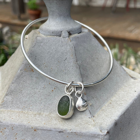 Dark Forest Green Sea Glass Dangle Bangle - Size Small