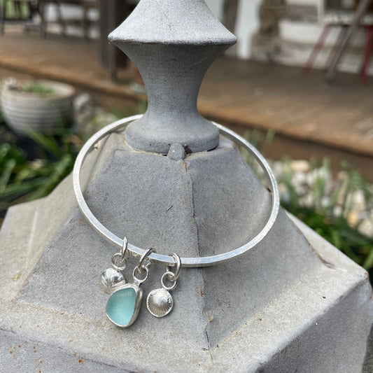 Light Aqua Marine Sea Glass Dangle Bangle - Size small