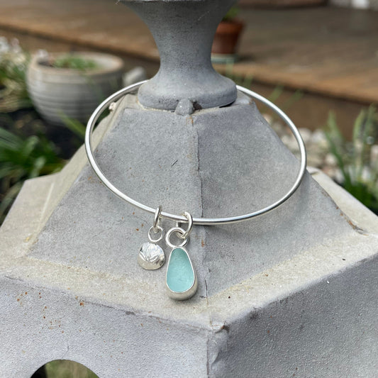 Light Aqua Marine Sea Glass Dangle Bangle - Size Large
