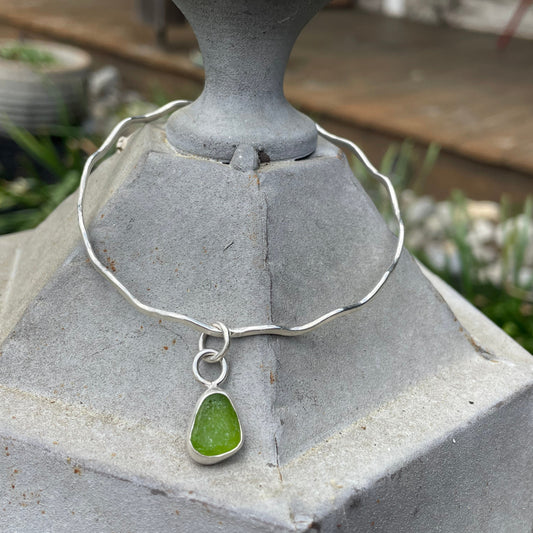 Wavy Lime Green Sea Glass Dangle Bangle - Size Small