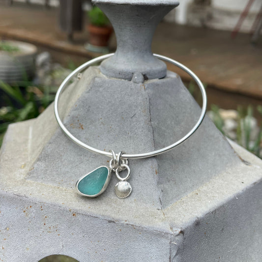Teal Blue Sea Glass Dangle Bangle - Size Medium