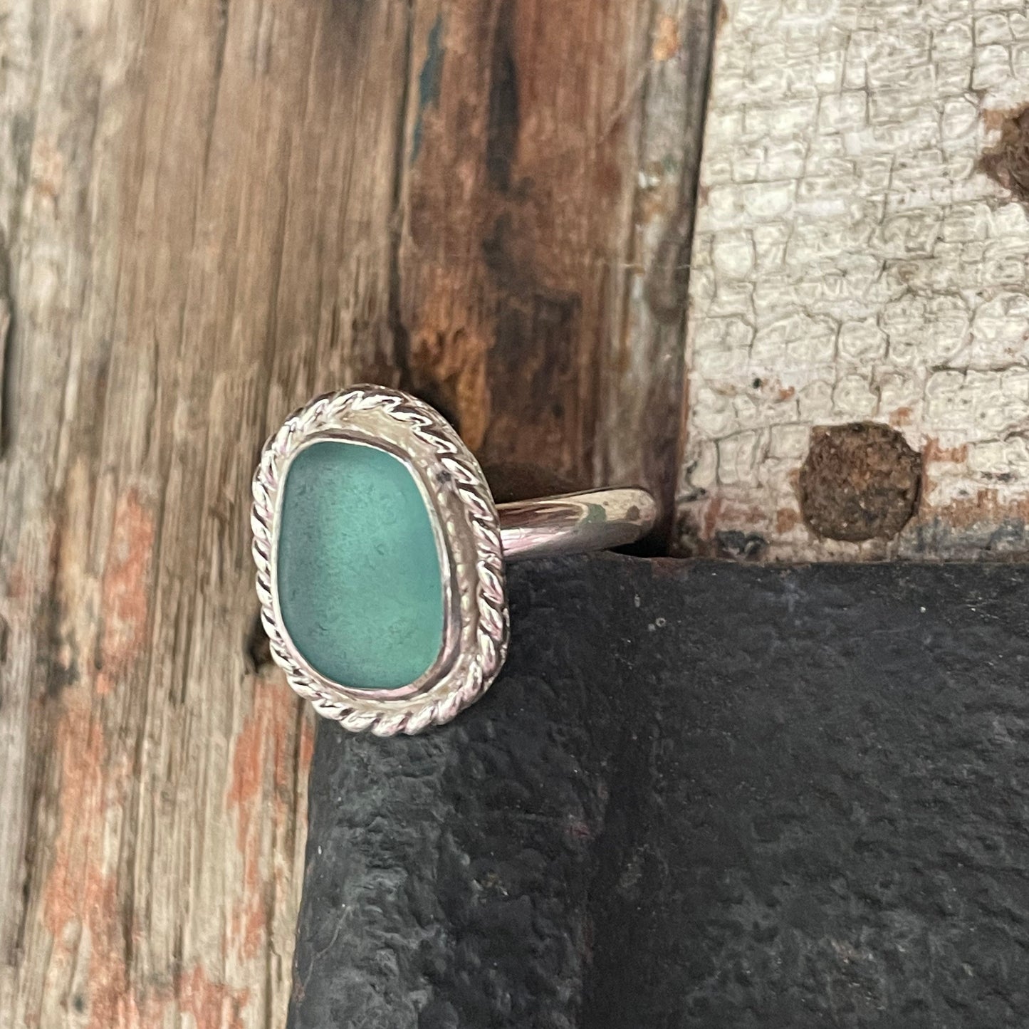 Twisted Teal Blue Sea Glass Ring - Size 9.25