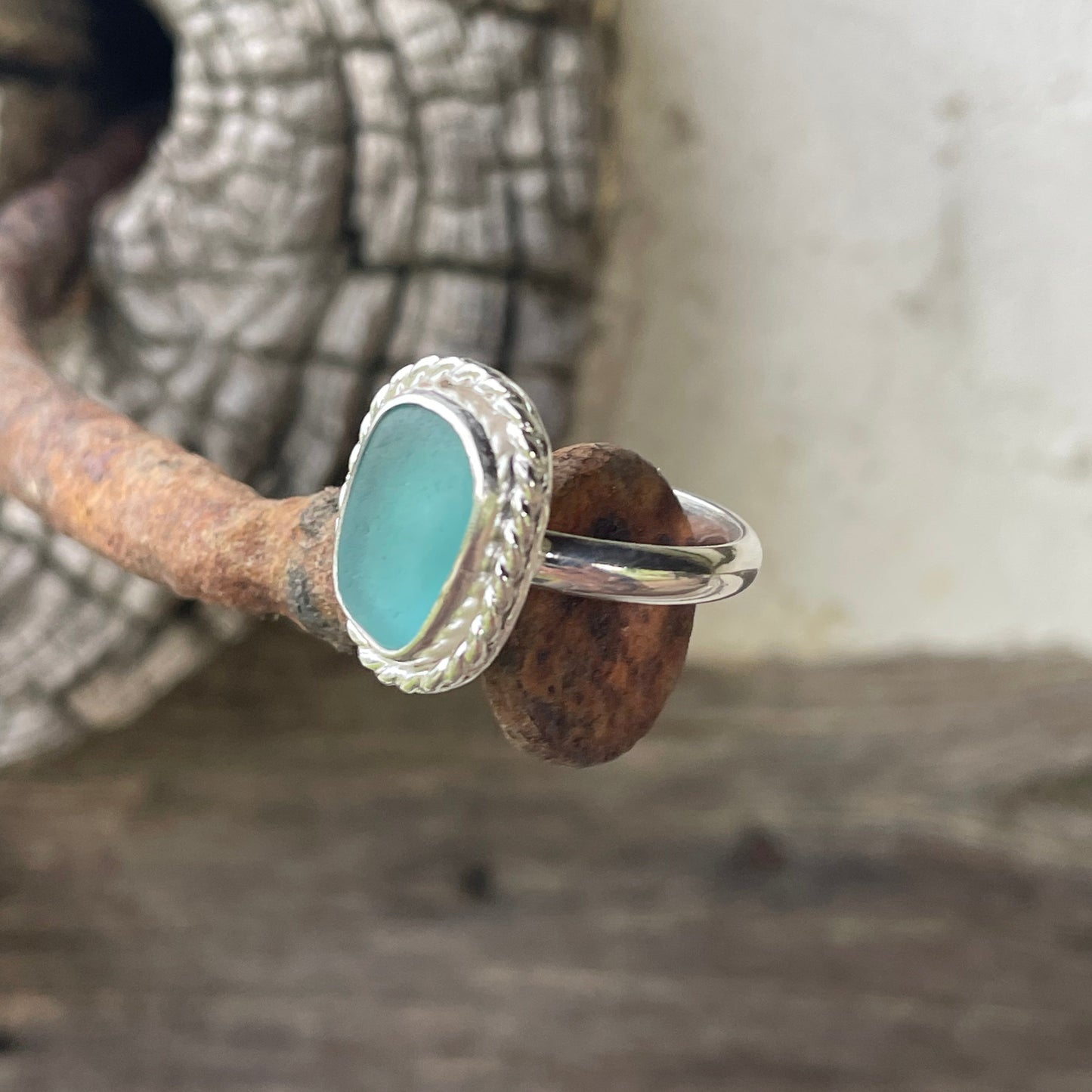 Twisted Teal Blue Sea Glass Ring - Size 9.25