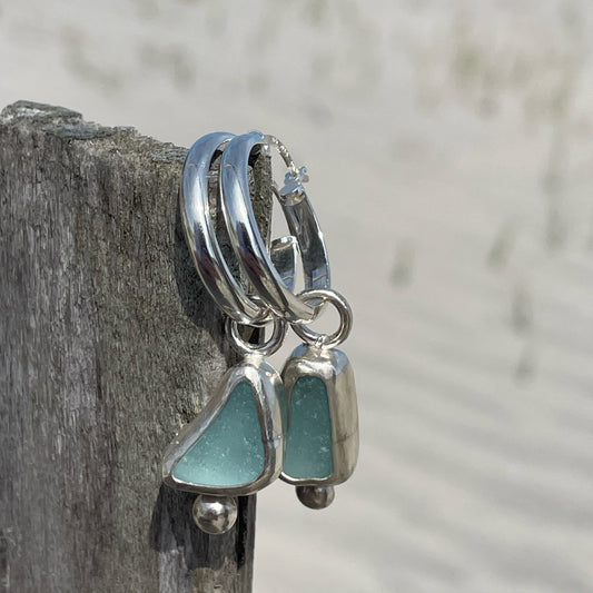 Sea Foam Blue Sea Glass Hoop Earrings