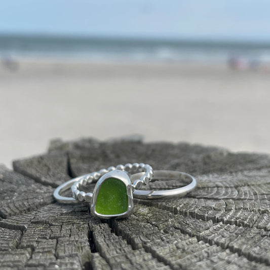 Lime Green Sea Glass Stacking Rings - Size 5