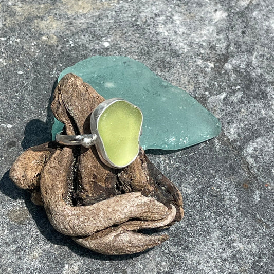 Pale Olive Green Sea Glass Ring - Size 9.5