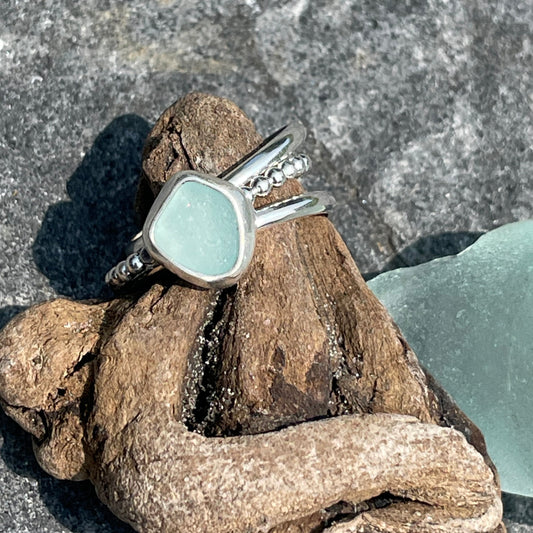 Sea Foam Blue Sea Glass Stacking Rings - Size 7.75