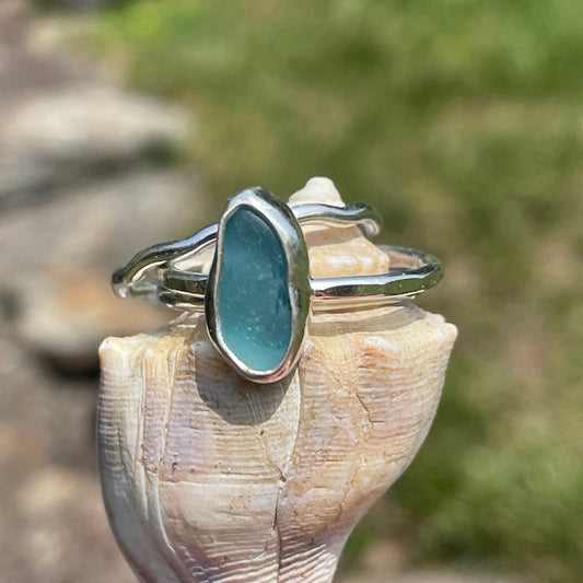 Teal Blue Sea Glass Stacking Rings - Size 8