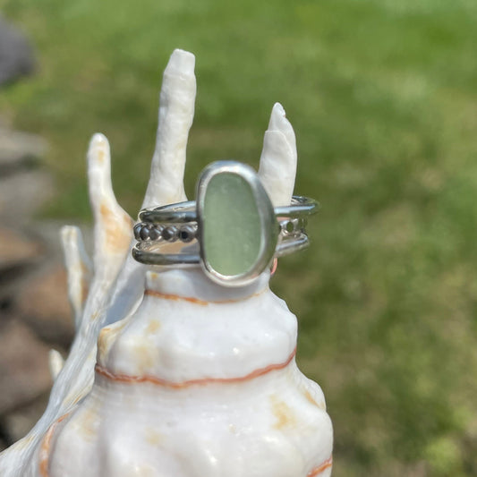 Pale Sage Green Sea Glass Stacking Rings - Size 7
