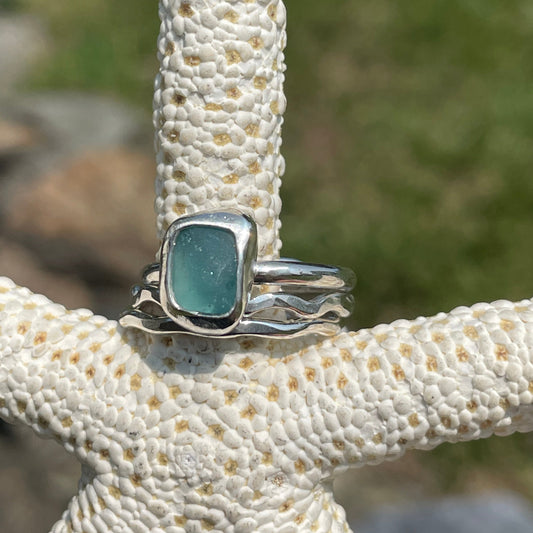 Pale Aquamarine Sea Glass Stacking Rings - Size 7.25