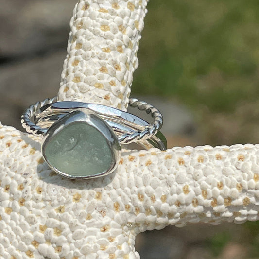 Sea Foam Green Sea Glass Stacking Rings - Size 9
