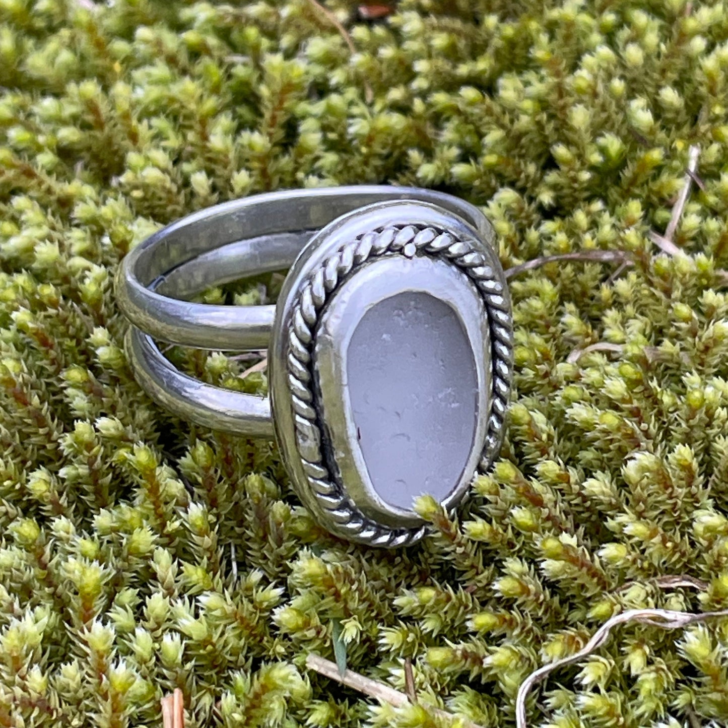 Frosty White Sea Glass Double Shank Ring - Size 9