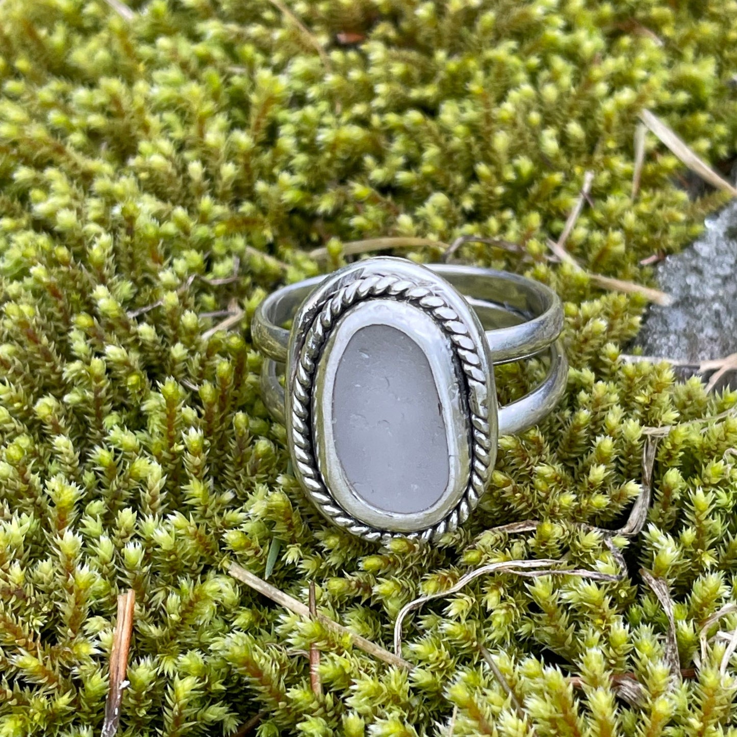 Frosty White Sea Glass Double Shank Ring - Size 9