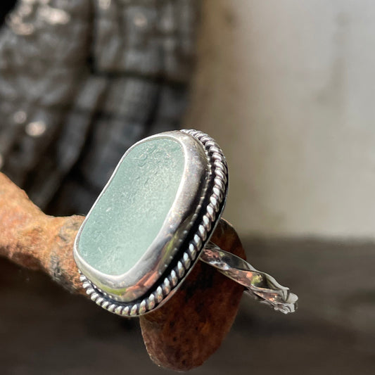 Twisted  Sea Foam Blue Sea Glass Ring - Size 8