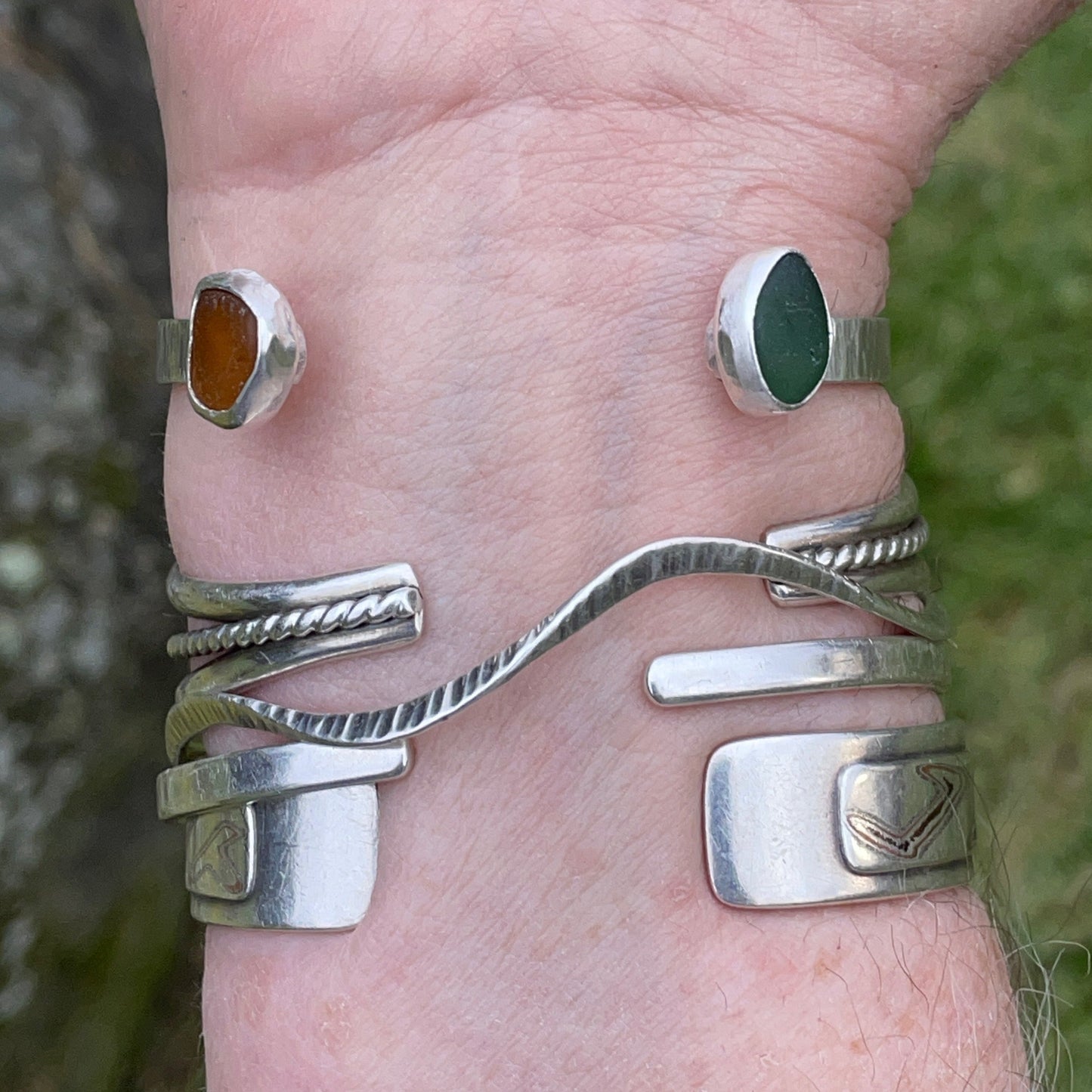 Double Sea Glass Cuff Bracelet- Size Small