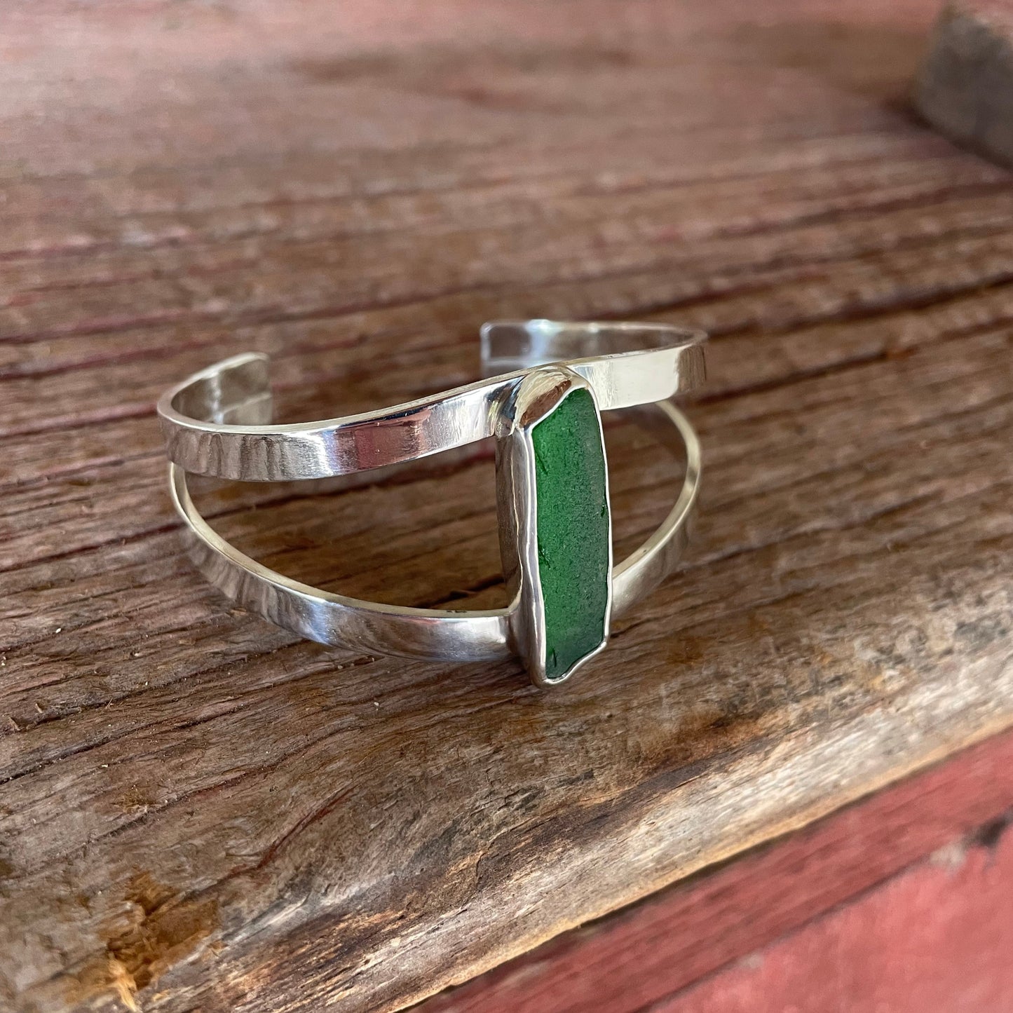 Emerald Green Sea Glass Double Cuff Bracelet