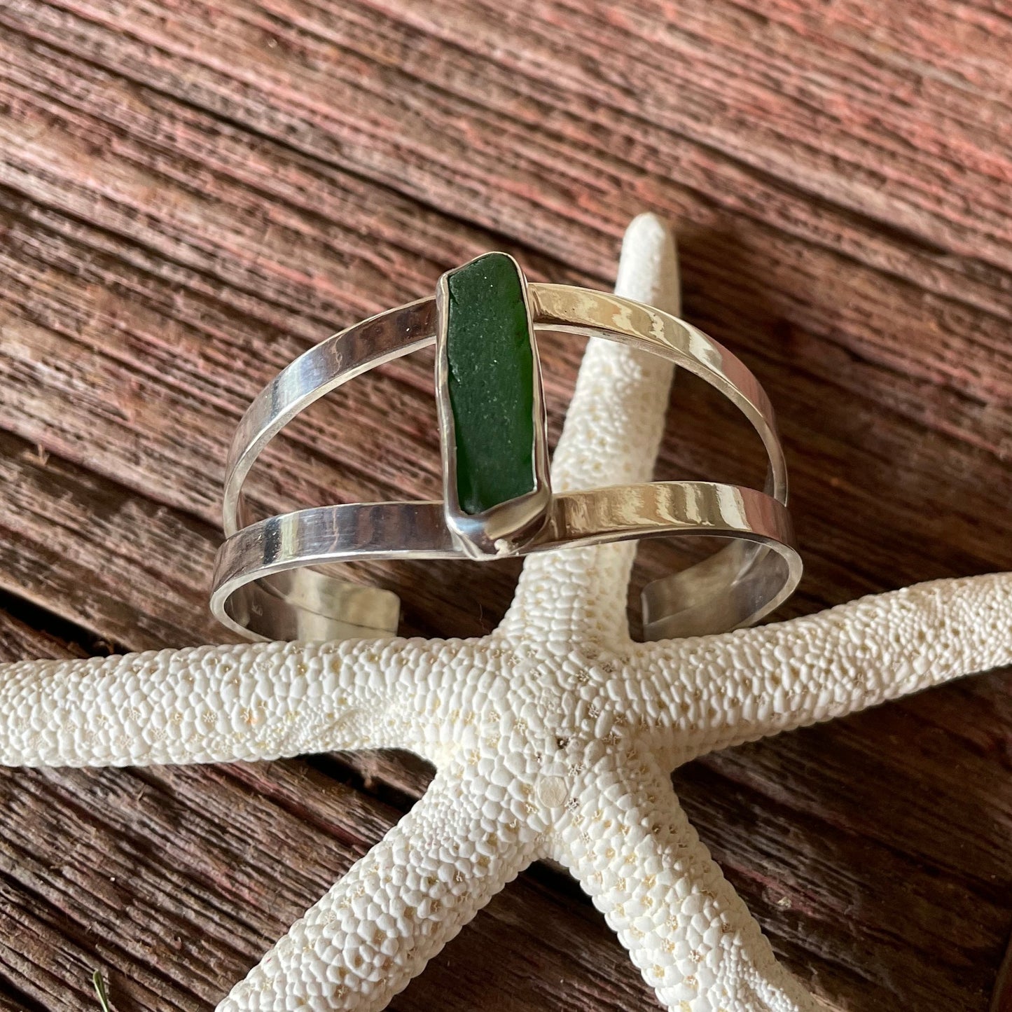 Emerald Green Sea Glass Double Cuff Bracelet