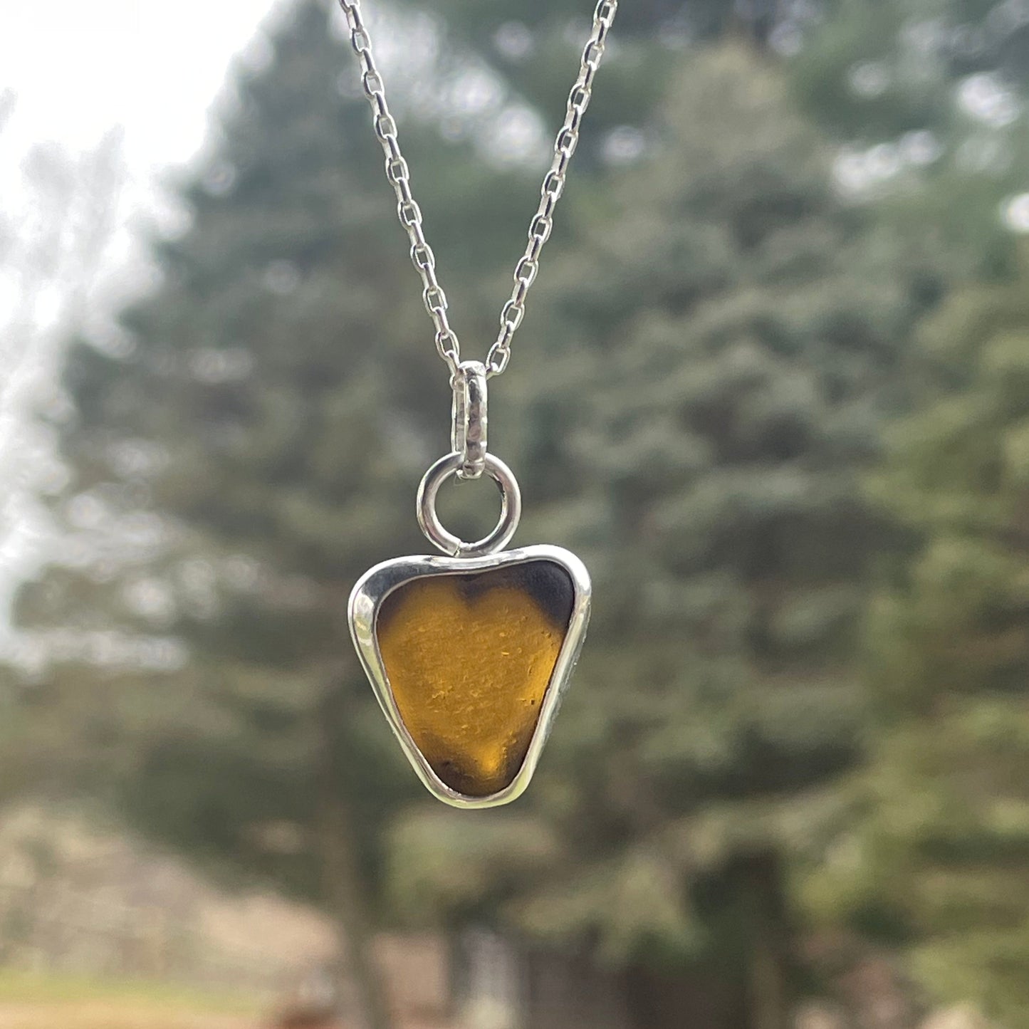 Honey Amber Sea Glass Heart Necklace